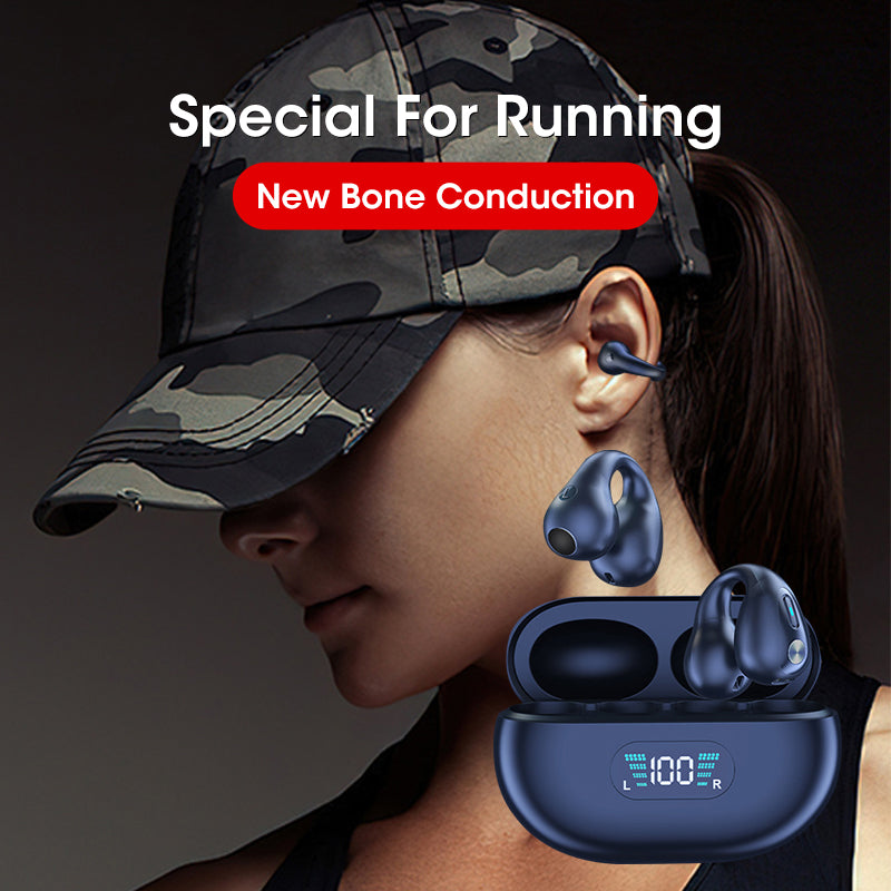 Person wearing bone conduction headphones with a camouflage cap, featuring text 'Special For Running' and 'New Bone Conduction'.