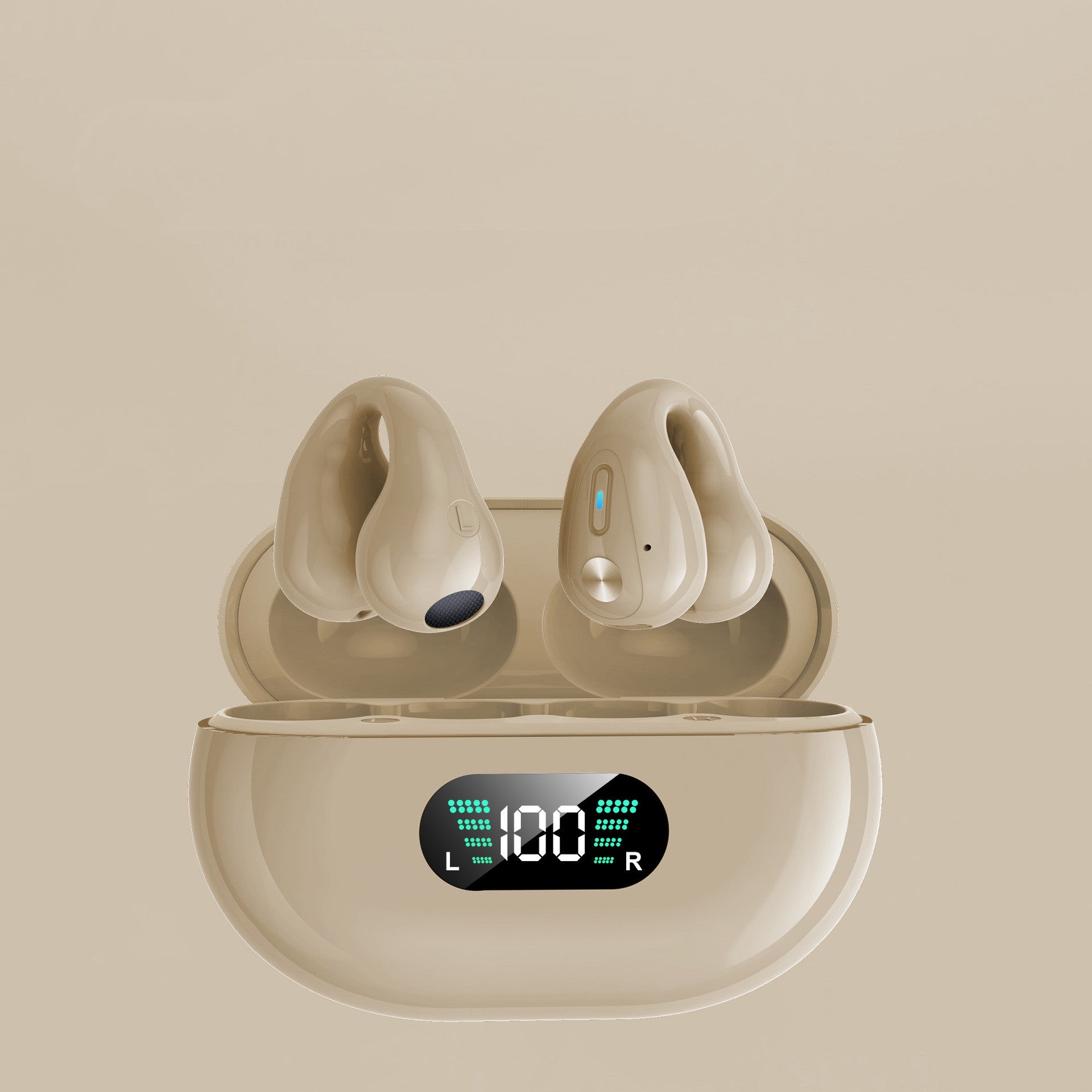 Beige wireless earbuds with charging case on a beige background