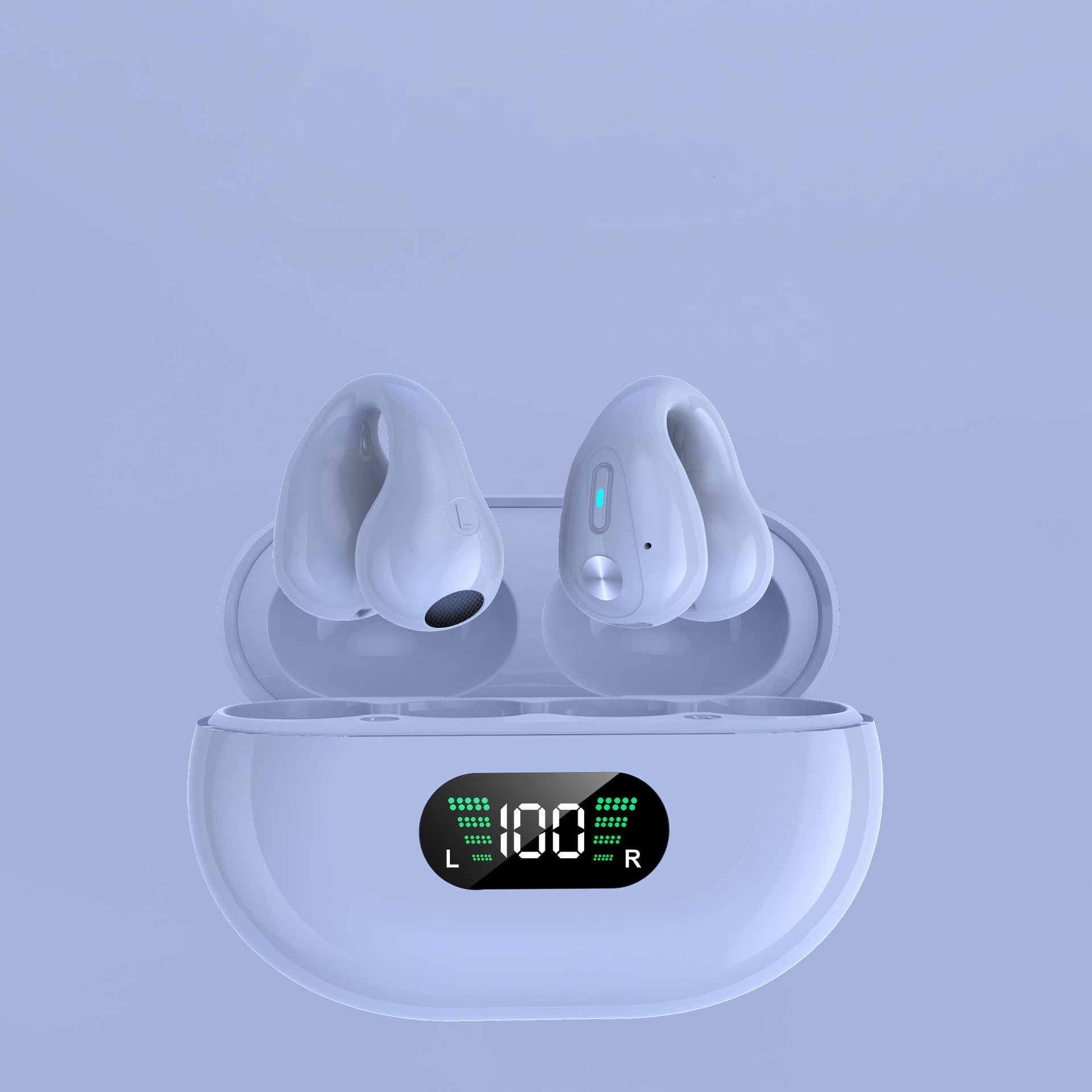 Wireless earbuds with charging case on a light purple background