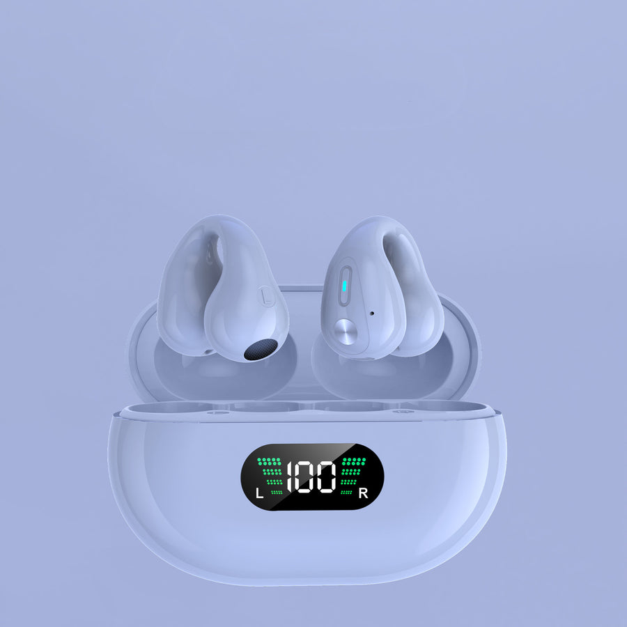 Wireless earbuds with charging case on a light purple background