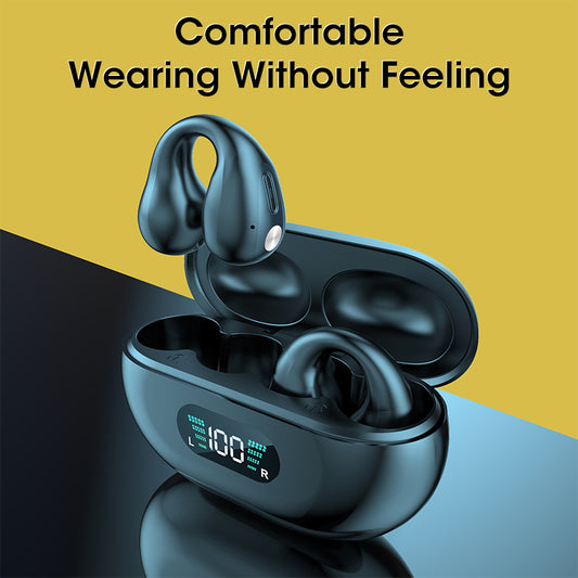 Black wireless earbuds with charging case on a yellow and blue gradient background