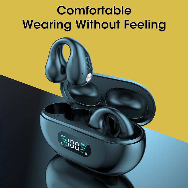 Black wireless earbuds with charging case on a yellow and blue gradient background