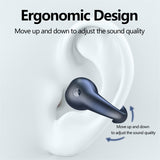 Ergonomic design of a wireless earbud with text on a light gray background
