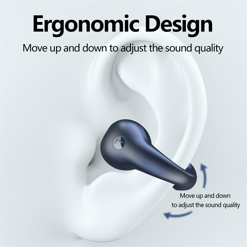 Ergonomic design of a wireless earbud with text on a light gray background