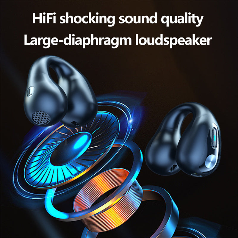 Wireless earbuds with a large-diaphragm loudspeaker and HiFi sound quality on a dark background.