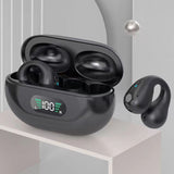Black wireless earbuds with charging case on a light gray background