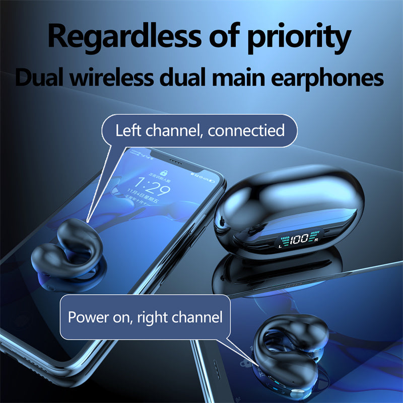 Dual wireless earphones with smartphone showing connection status on a reflective surface.