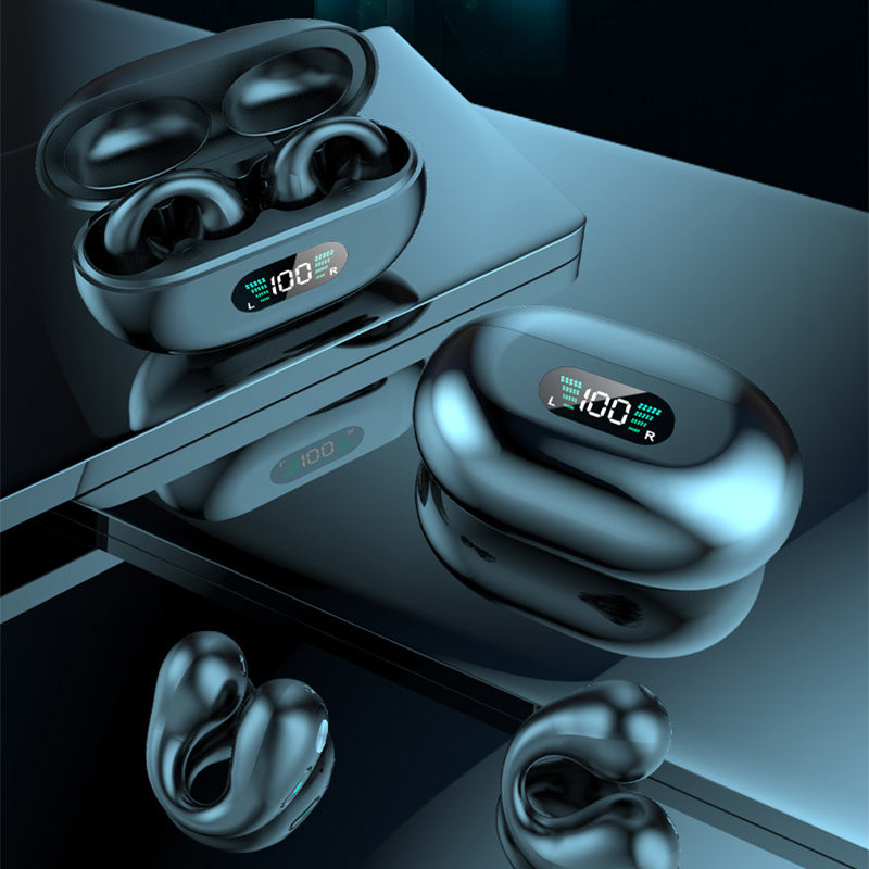 Wireless earbuds with charging case on a reflective surface