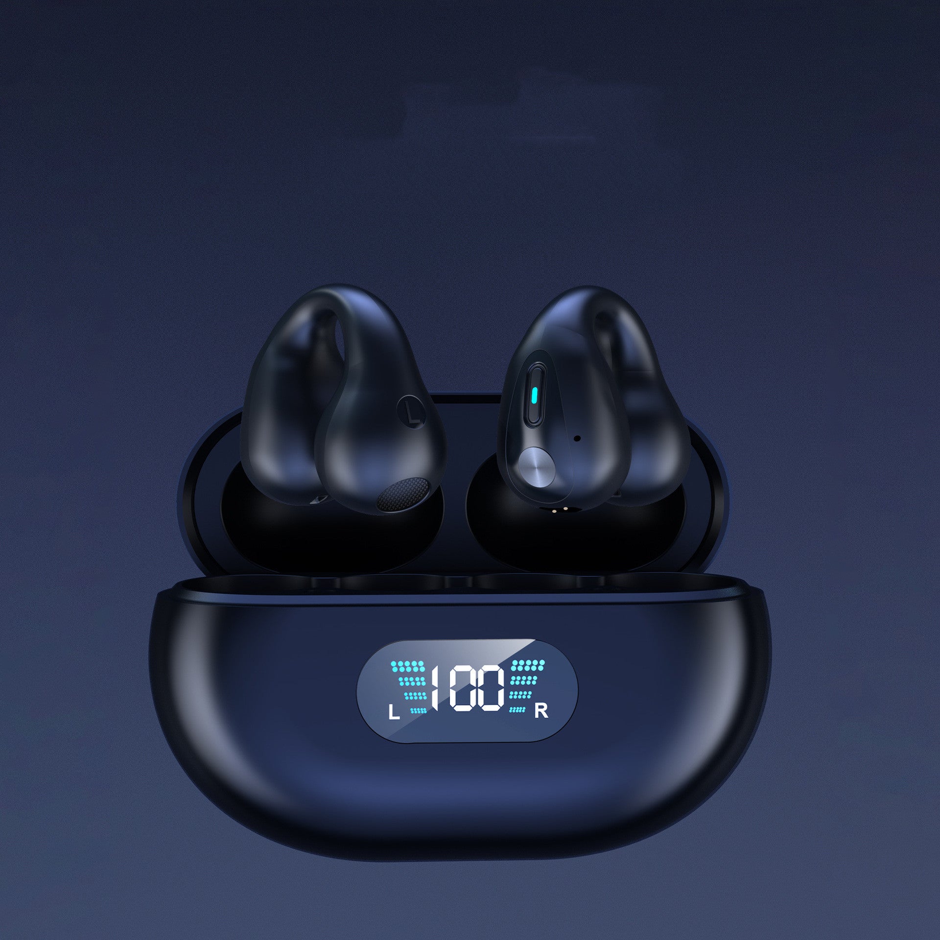 Black wireless earbuds with charging case on a dark background