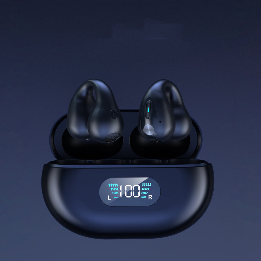Black wireless earbuds with charging case on a dark background