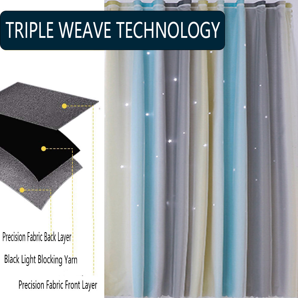 Curtain with triple weave technology illustration showing fabric layers.