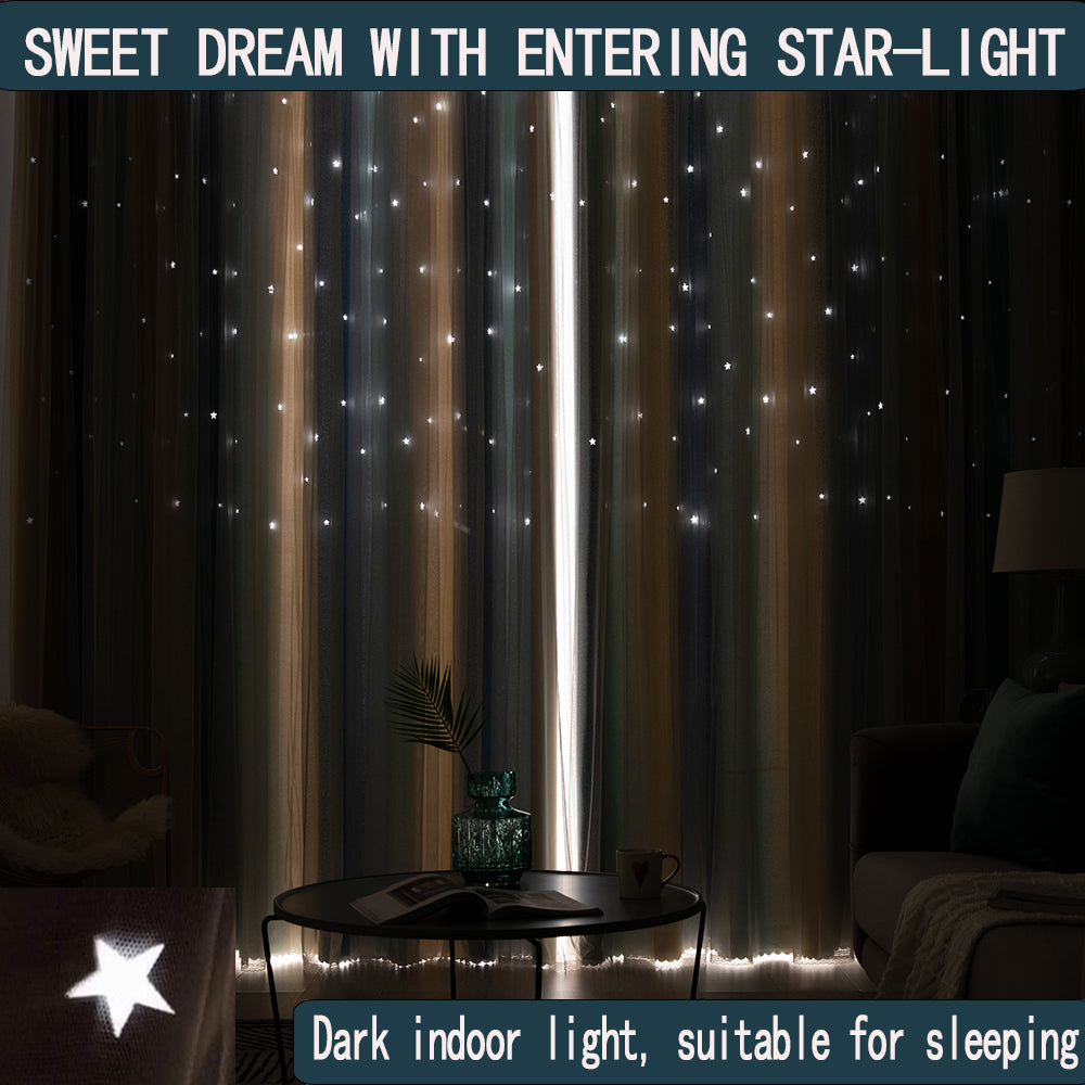 Starlight curtain with text 'Sweet dream with entering star-light' and 'Dark indoor light, suitable for sleeping'.