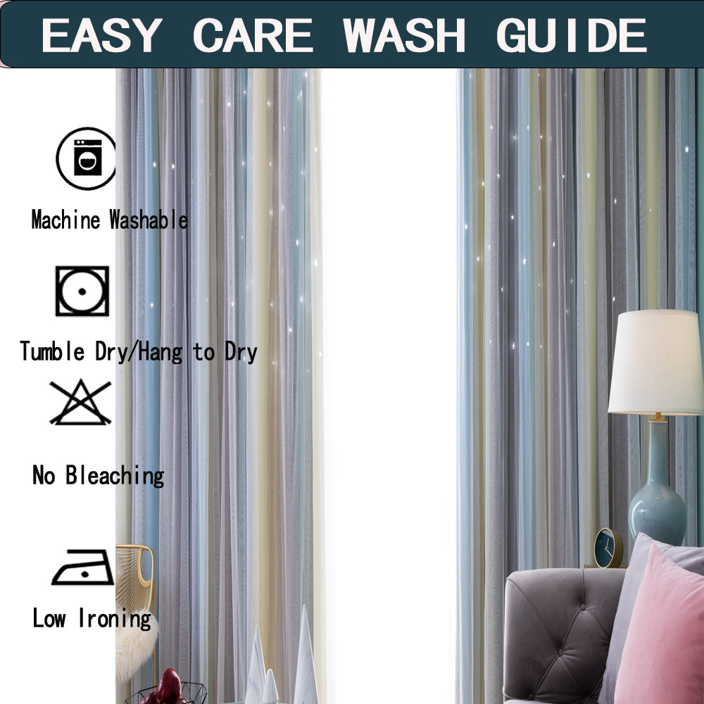 Striped curtain with washing care symbols and text overlay