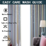 Striped curtain with washing care symbols and text overlay