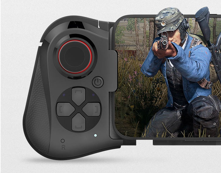 Gaming controller with a screen displaying a video game character in a forest setting.