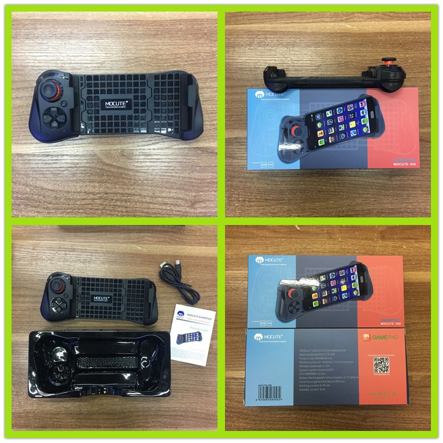 Gaming controller with packaging on a wooden surface