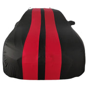 Black car cover with red stripes on a white background