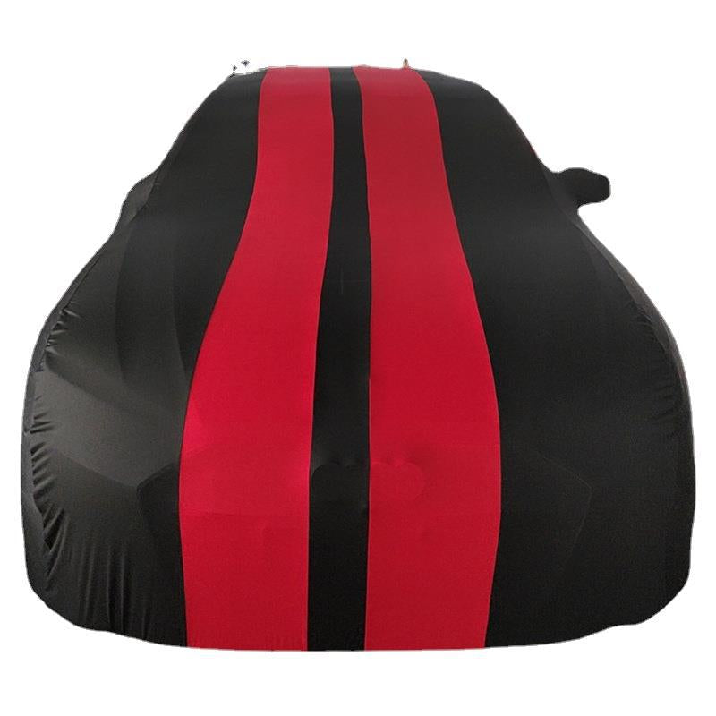 Black car cover with red stripes on a white background