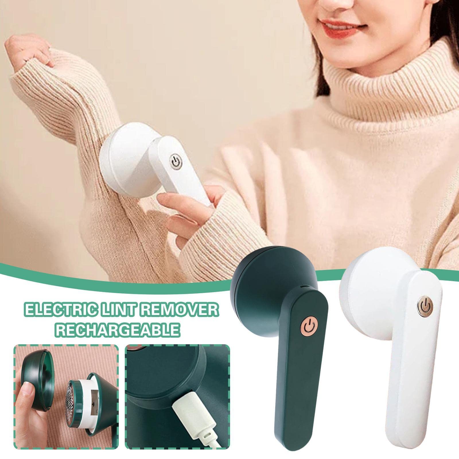Electric lint remover being used on a sweater with product details displayed.