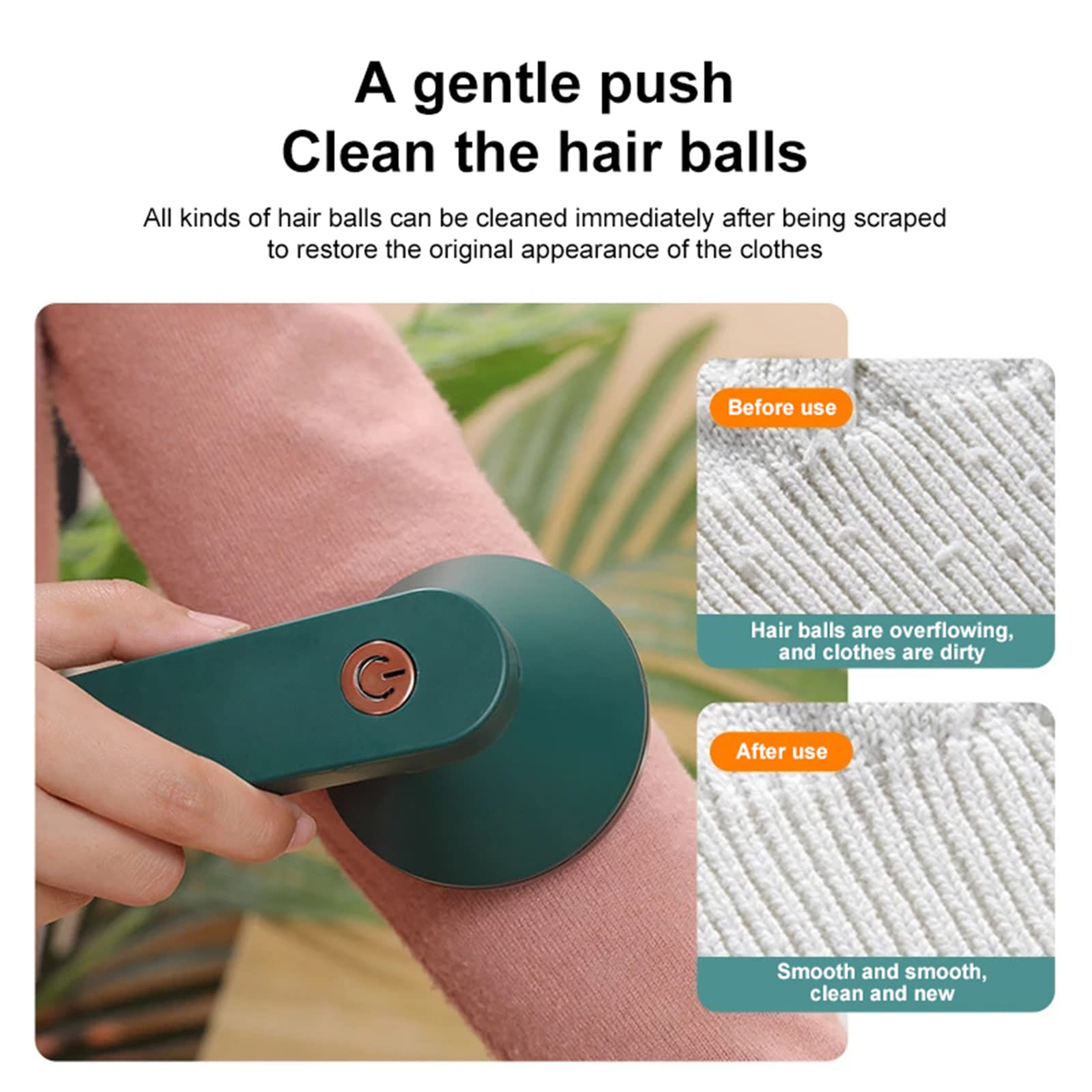 Hair ball removal tool being used on a person's arm with before and after images of hair balls on clothes.