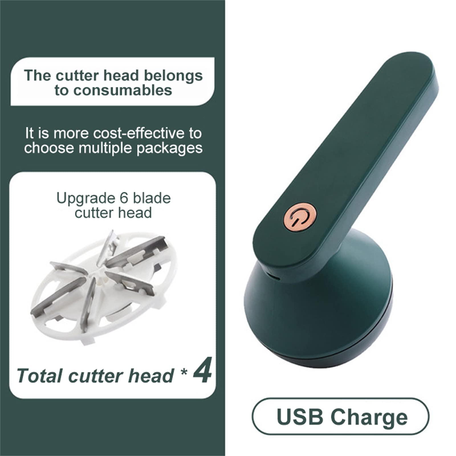 Green kitchen tool with USB charging feature and additional blade attachment on a white background