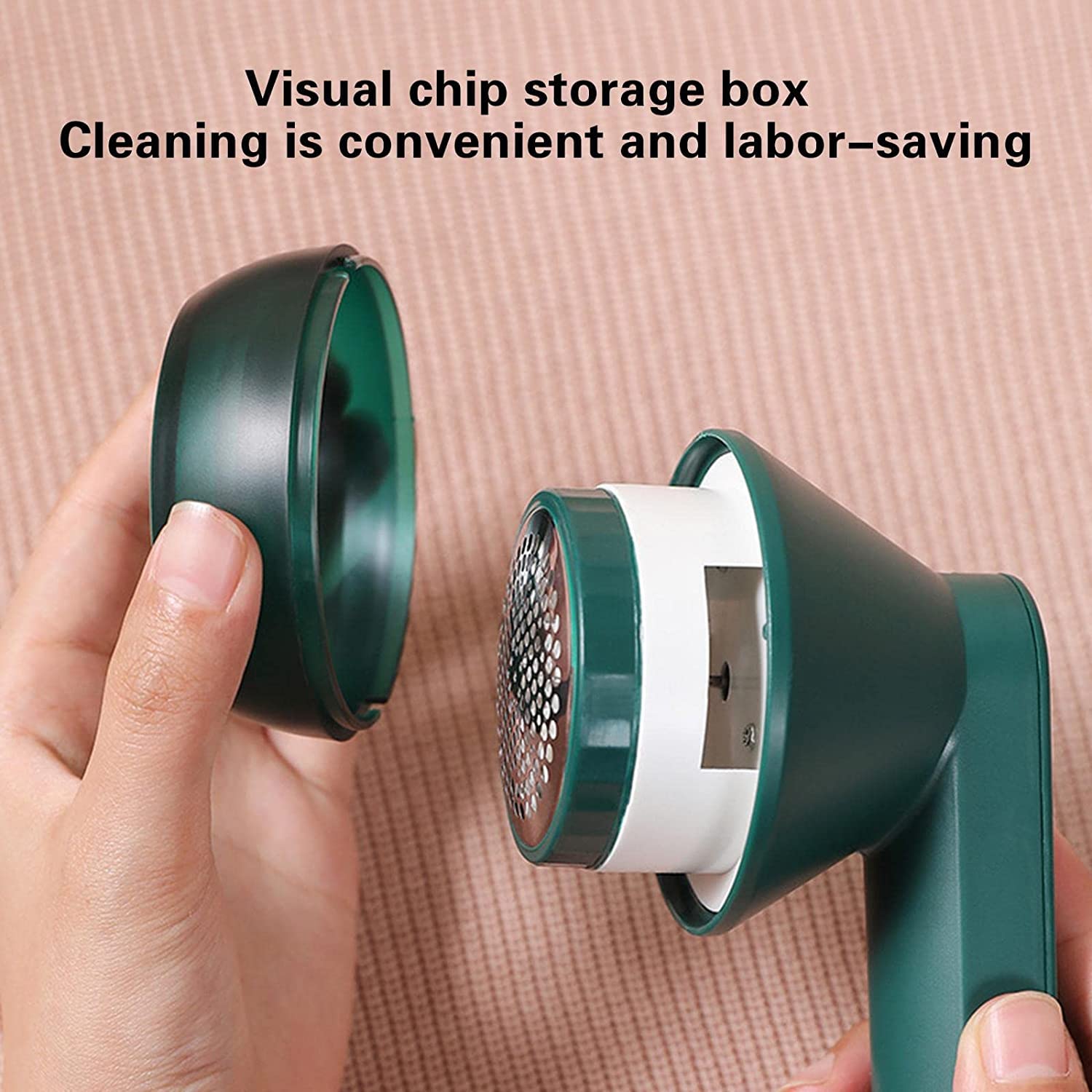 Green and white cleaning device held by a hand with text on a beige background