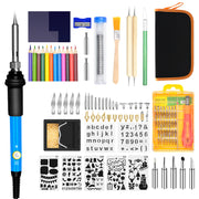 Collection of various tools including a soldering iron, colored pencils, and small components on a white background.