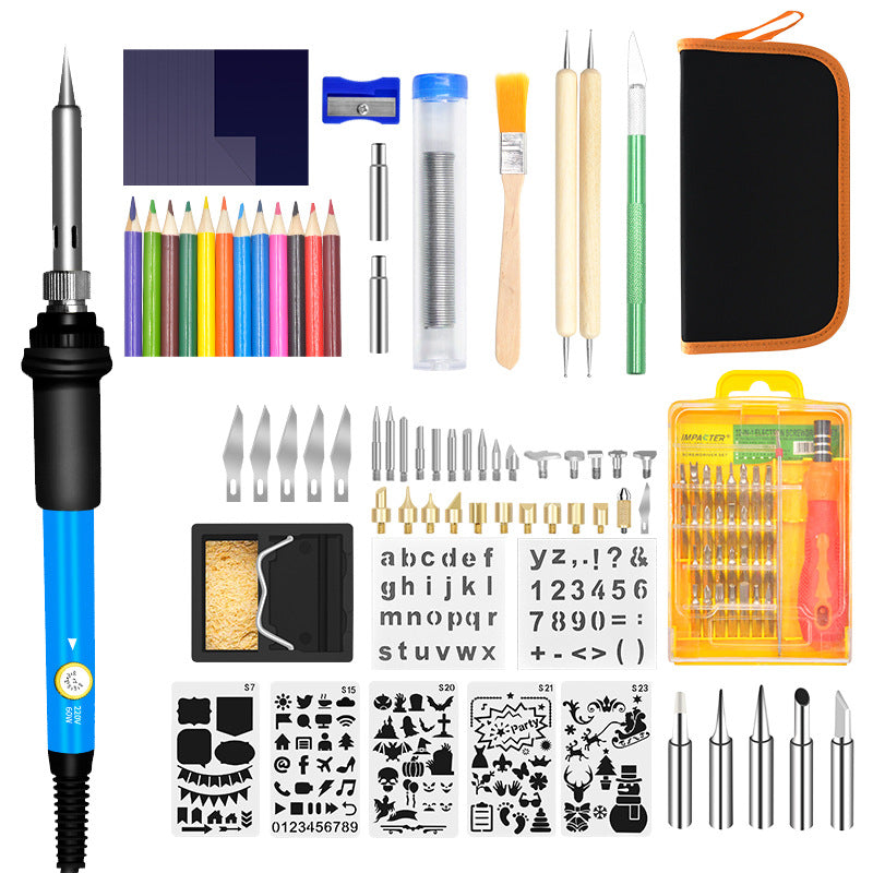 Collection of various tools including a soldering iron, colored pencils, and small components on a white background.