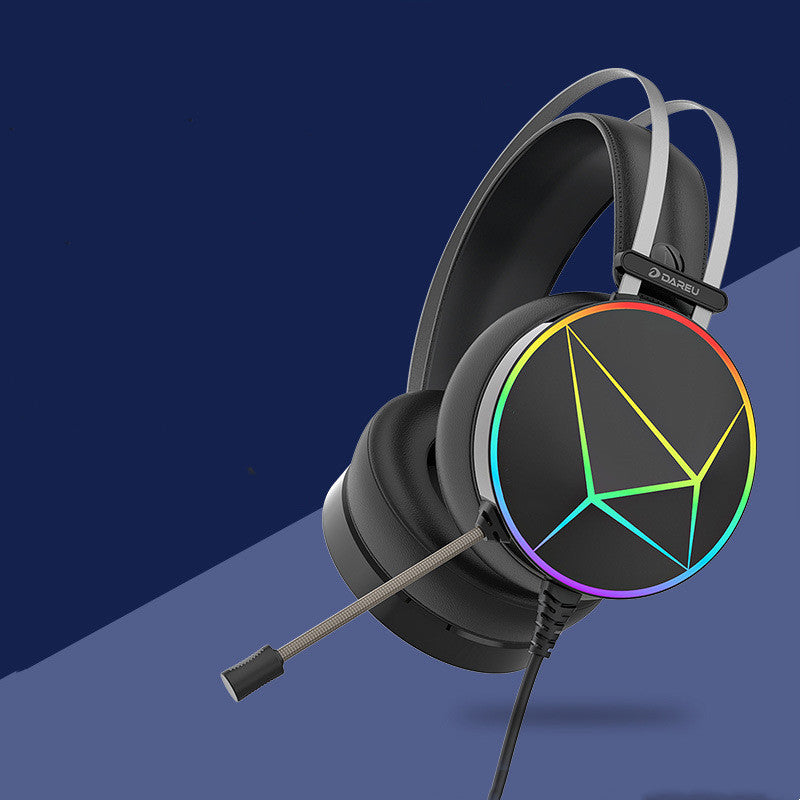 Gaming headset with rainbow logo on a blue gradient background