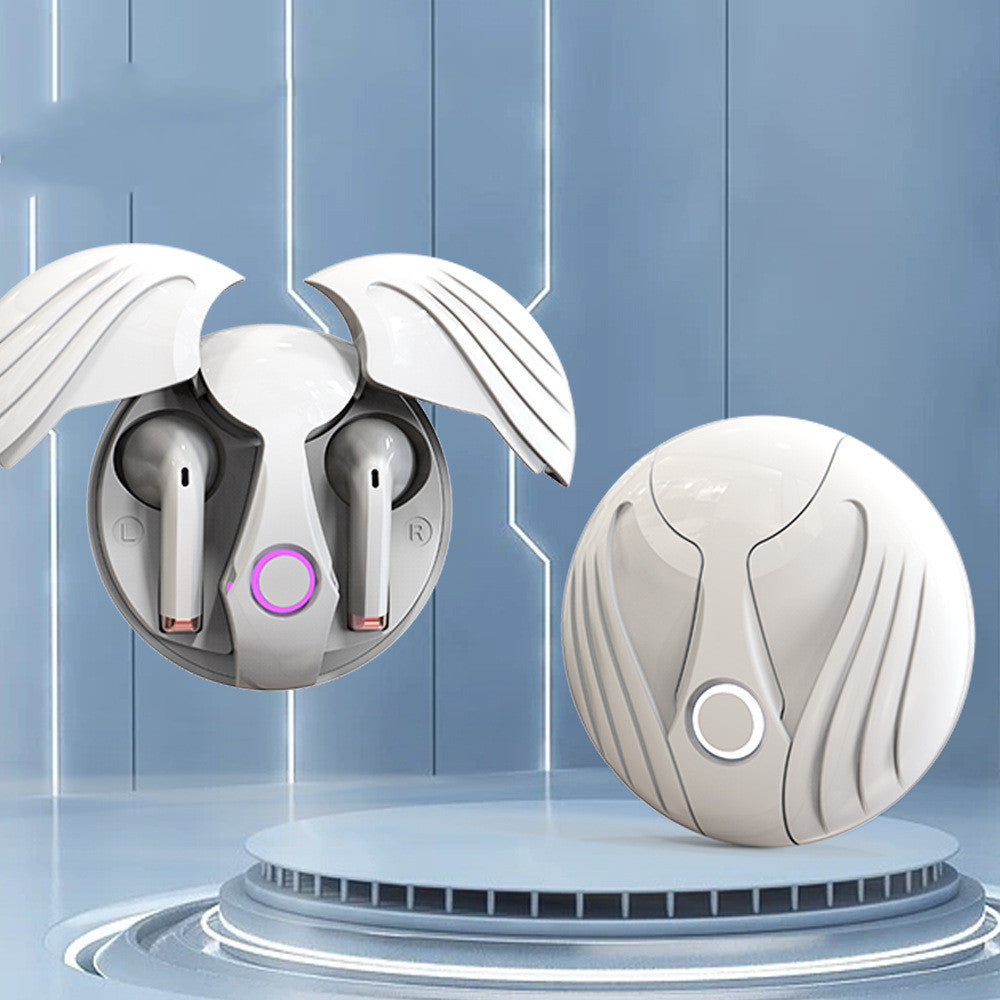 Wireless earbuds with charging case on a blue background