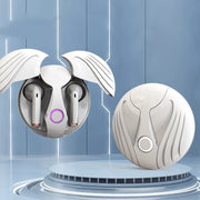 Wireless earbuds with charging case on a blue background
