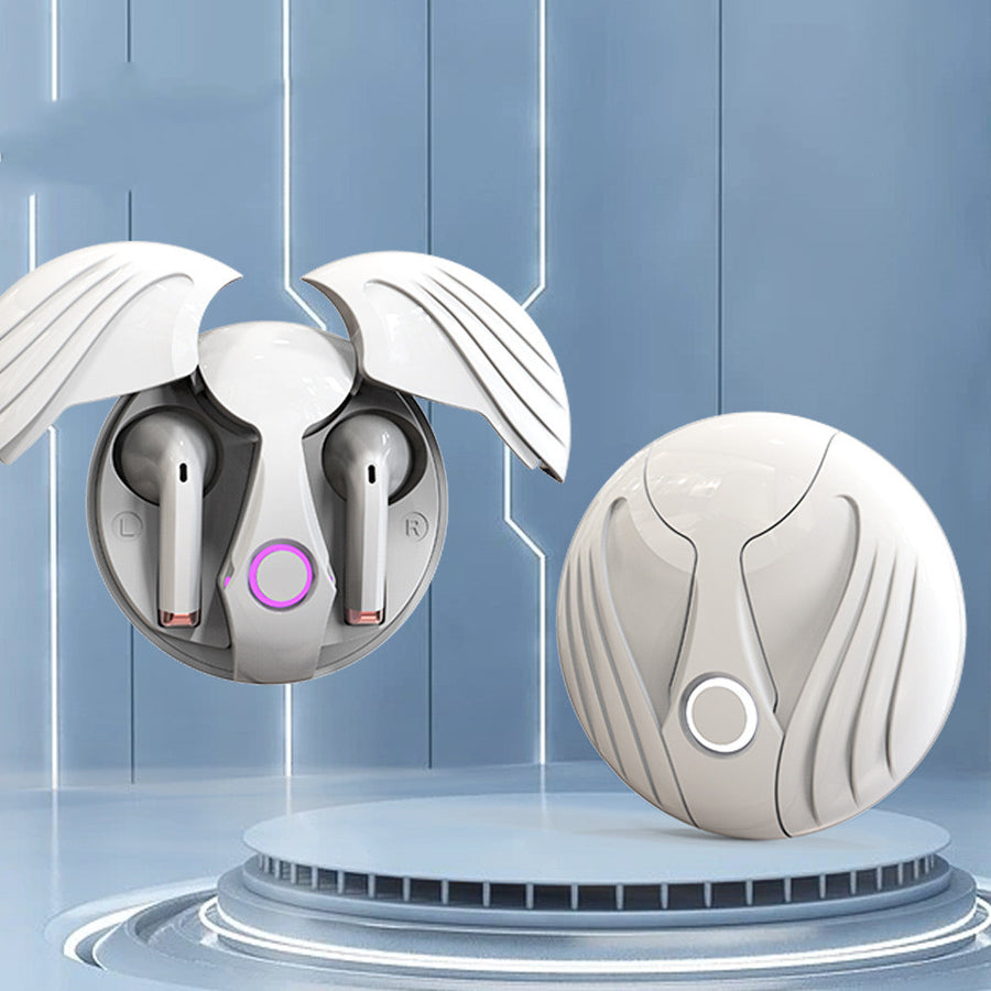 Wireless earbuds with charging case on a blue background