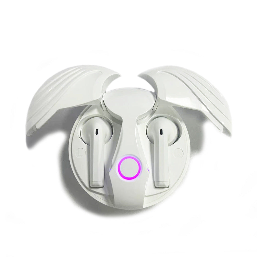 White wireless earbuds with charging case on a white background