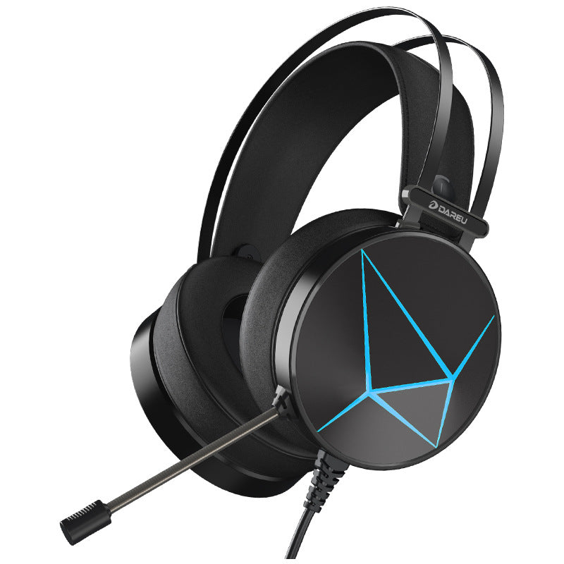 Black gaming headset with blue logo on a white background