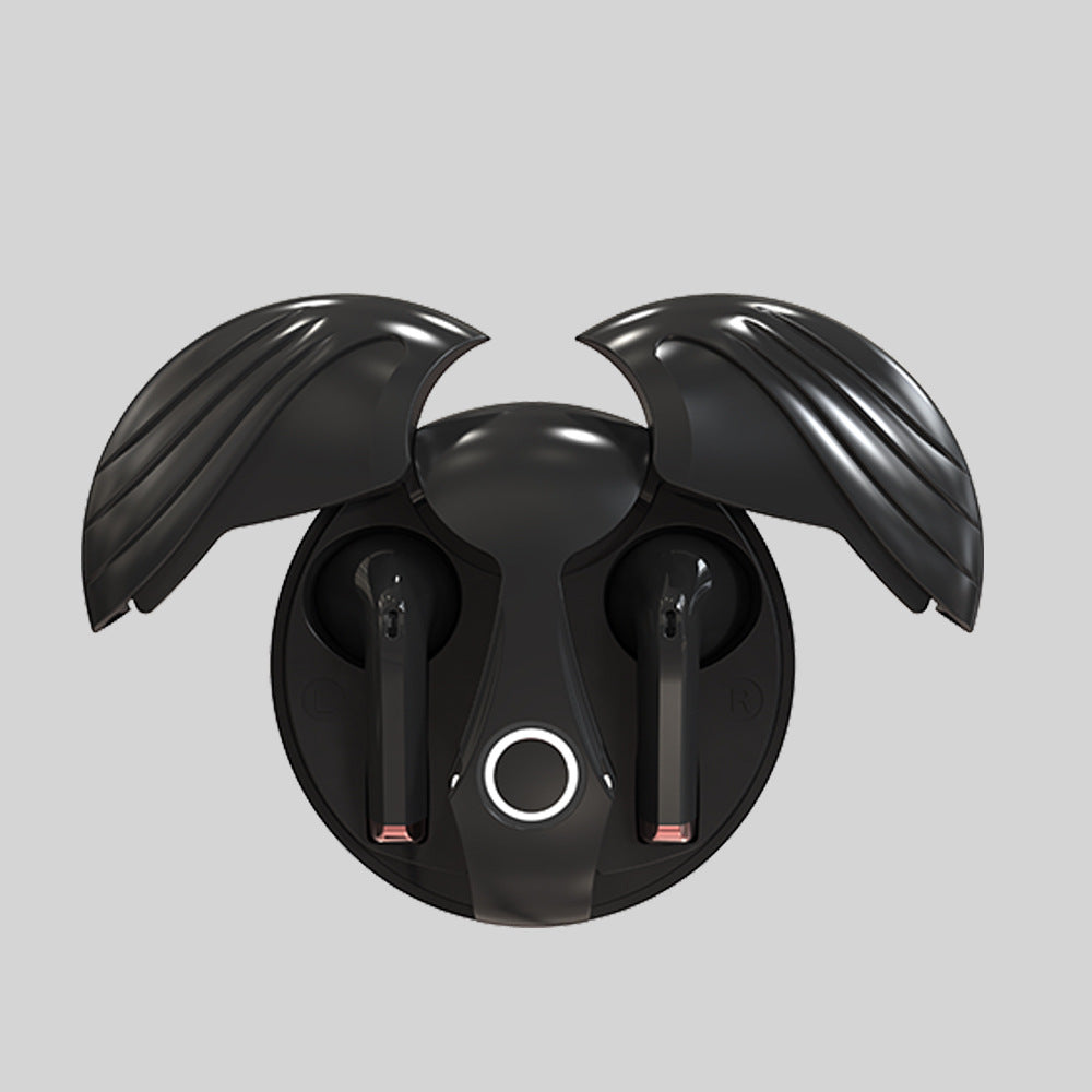 Black wireless earbuds with charging case on a light gray background