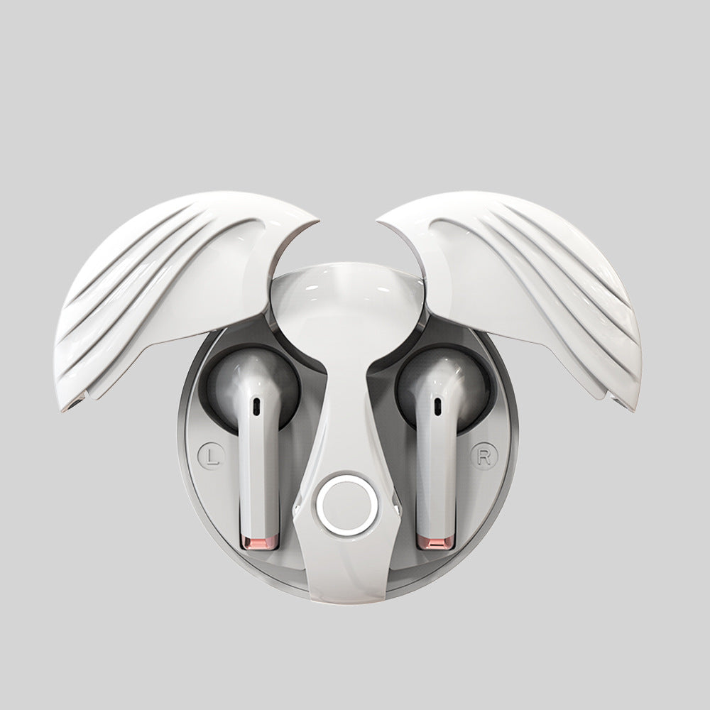 Wireless earbuds with charging case on a gray background