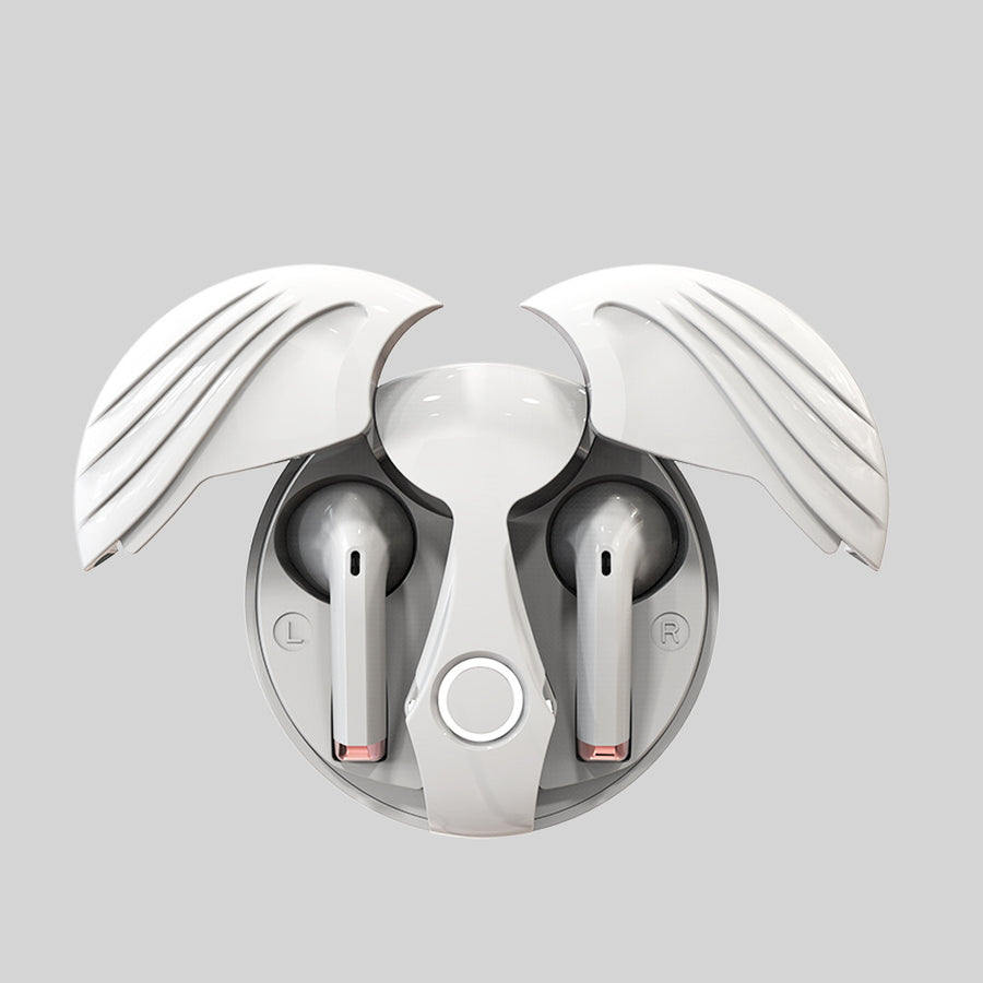 Wireless earbuds with charging case on a gray background