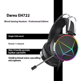 Dareu EH722 wired gaming headset with features listed on a white background