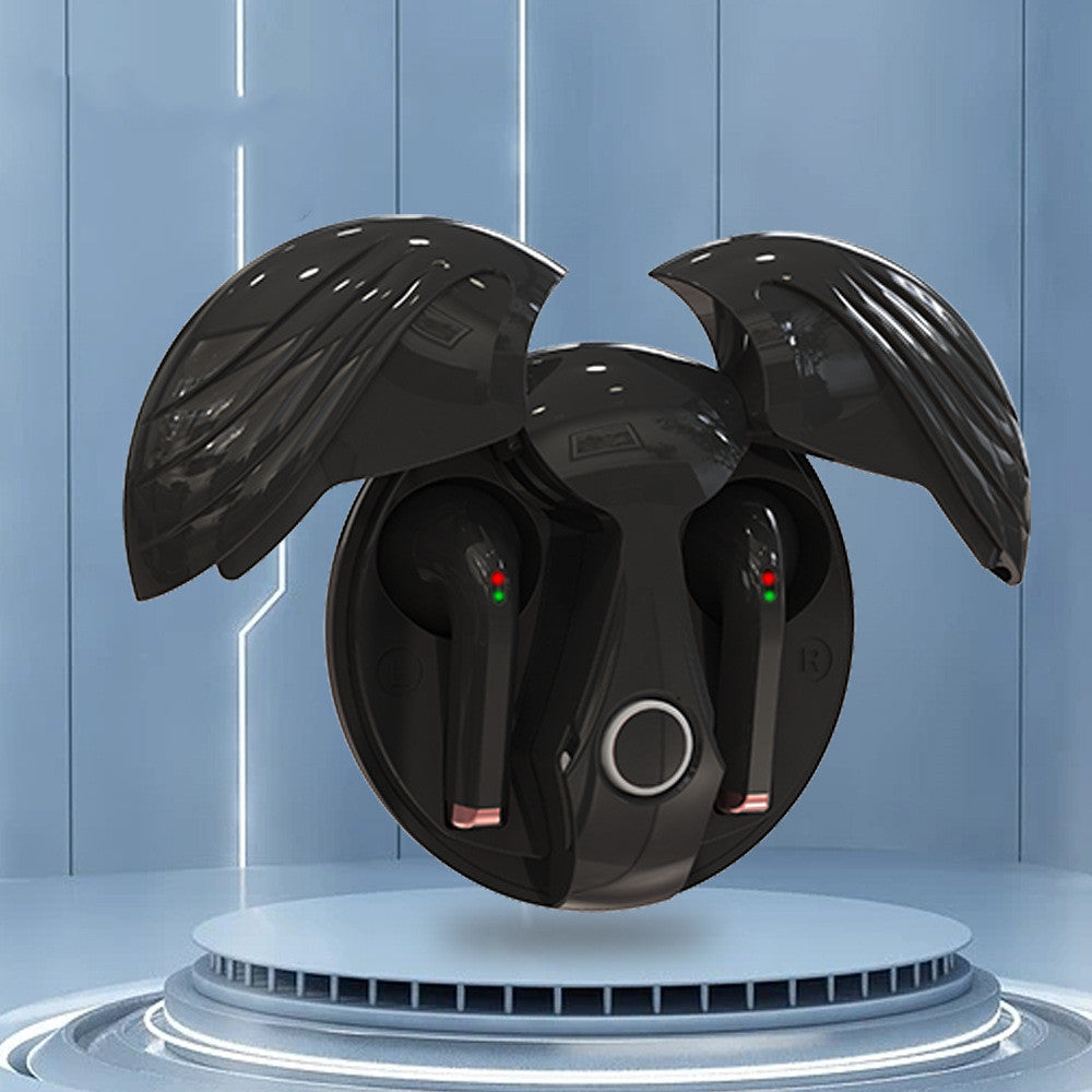 Black wireless earbuds in a circular case on a blue background