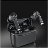 Black wireless earbuds with charging case on a dark background