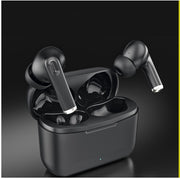 Black wireless earbuds with charging case on a dark background