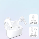 White wireless earbuds with charging case on a light blue background