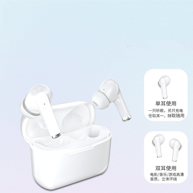 White wireless earbuds with charging case on a light blue background