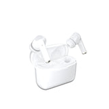 White wireless earbuds with charging case on a white background