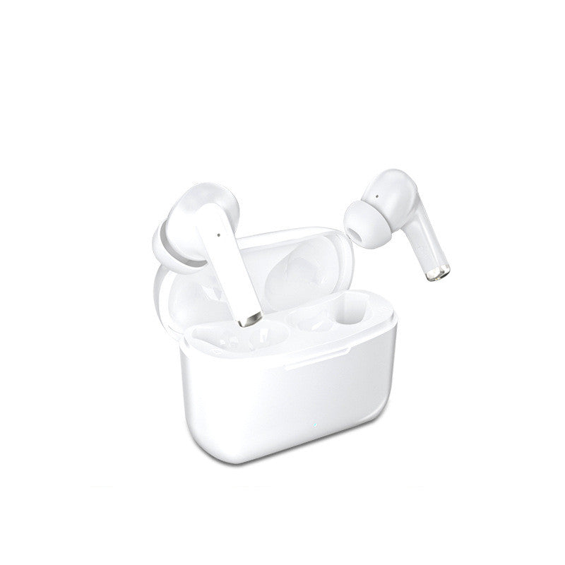 White wireless earbuds with charging case on a white background