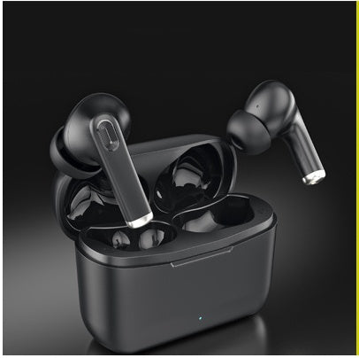 Black wireless earbuds with charging case on a dark background