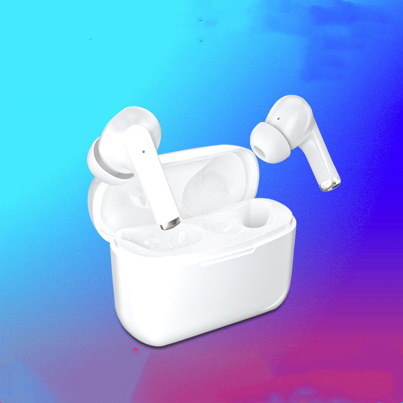 White wireless earbuds with charging case on a gradient blue and purple background