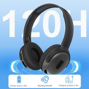 Black headphones with standby duration, working time, and charging duration icons on a blue background