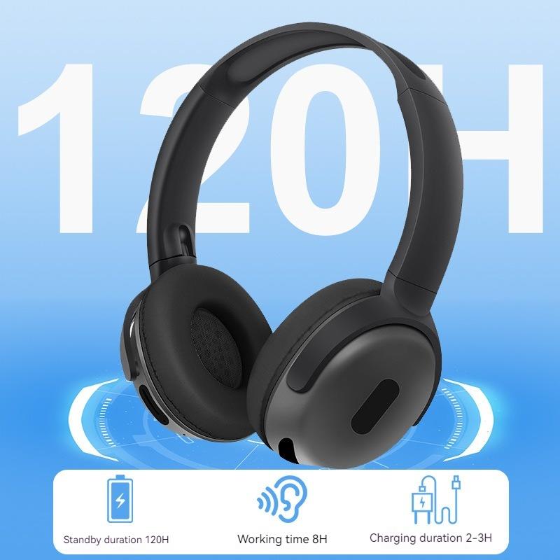 Black headphones with standby duration, working time, and charging duration icons on a blue background