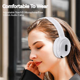 Woman wearing white headphones with text about comfort and features.